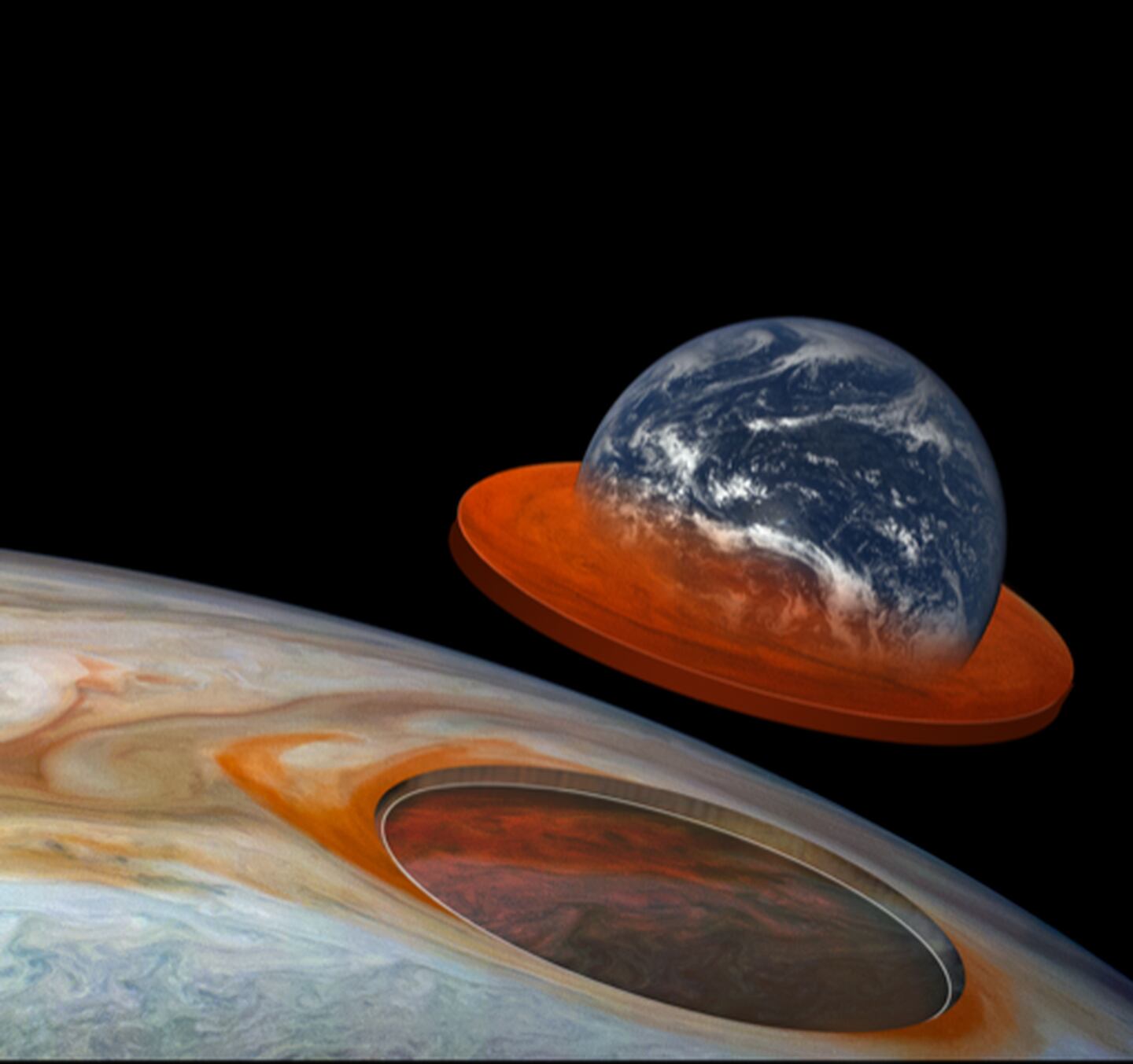 Comparación del tamaño entre la Gran Mancha Roja de Júpiter y la Tierra, realizada por la NASA.