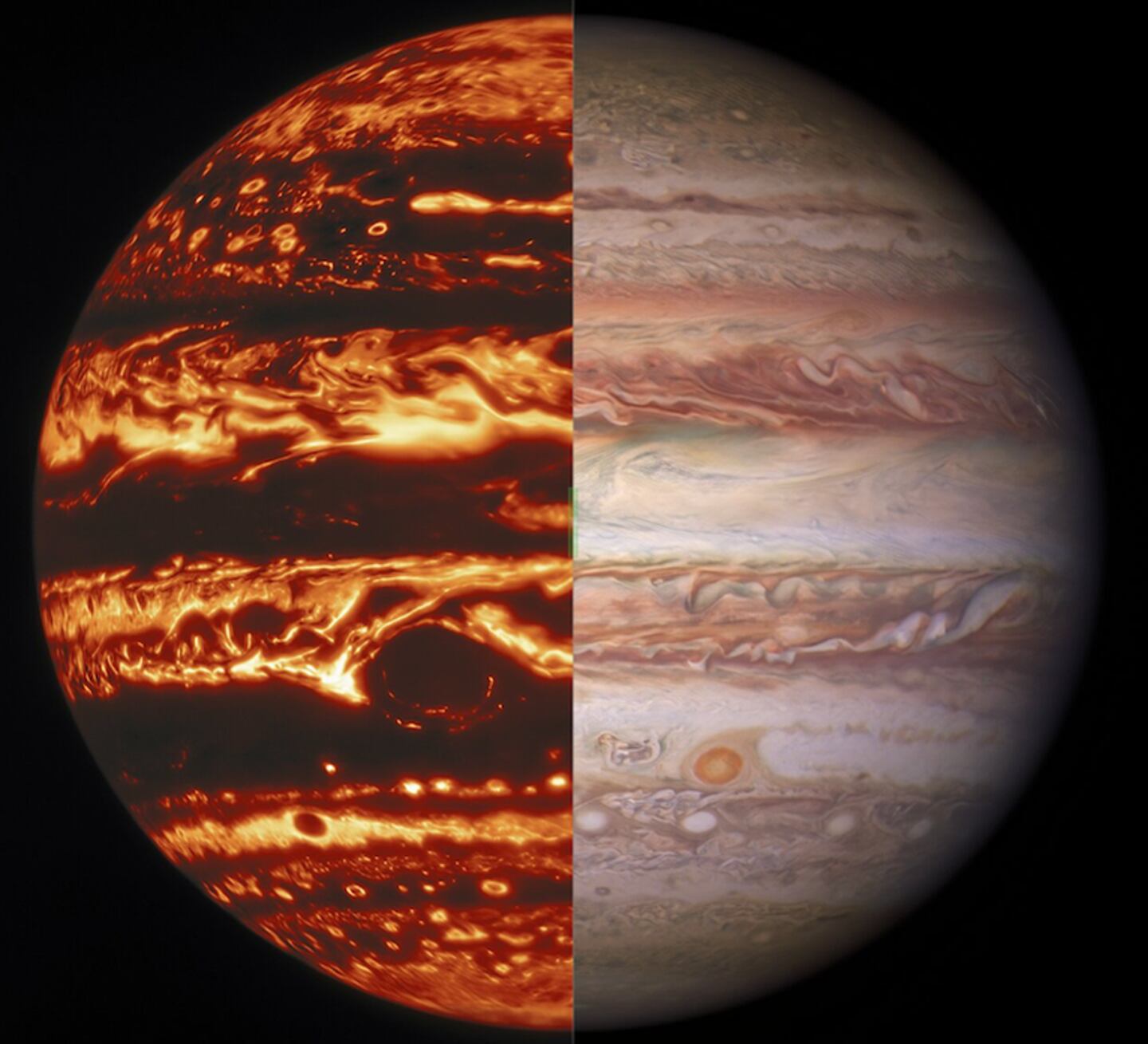 Júpiter captado en 3D por Juno y en modo normal por el Telescopio Hubble